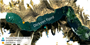 Sentinel-2 image of the Dickson Fjord in summertime, with the rock-slide location (yellow dot) (credit University of Oxford, from [Monahan et al., 2024]) 