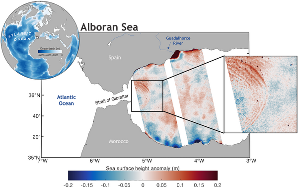 Swot sea surface height anomalies at the exit of the Gibraltar Strait. The configuration of the coastline and the underwater relief create internal waves in the wake of the Strait, clearly visible in the Swot images. The black dots in the zoomed image are boats in this very busy passage (courtesy M. Archer, JPL).