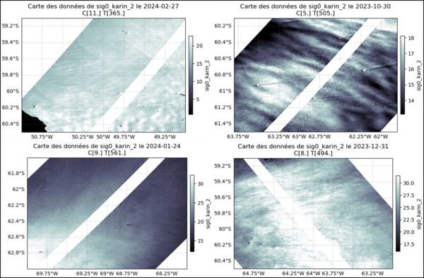 Swot KaRIn Sigma0 over the Southern Ocean; Most of the dots are probably icebergs - dedicated processing should be designed and applied to detect them with certainty. Wakes when wind is blowing are also visible. (Credit CLS)